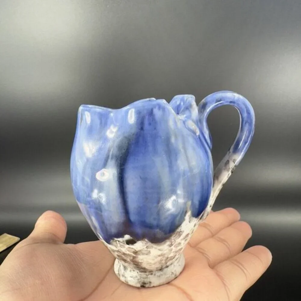 Italian Art Pottery Small Pitcher Creamer Drip Glaze Folded Edges Specked Inside